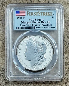 2023-S $1 Argento Morgan Dollar PCGS Rev PR70 FS Bandiera Etichetta Moneta Prova Inversa - Foto 1 di 4
