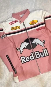 Red Bull Vintage Racing Leather Jacket Formula One Car Pink White Jacket - Picture 1 of 3