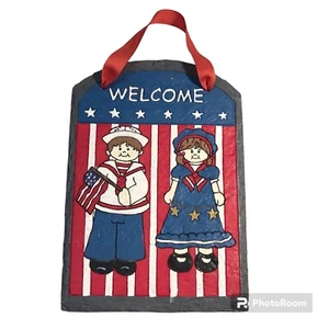 Patriotic WELCOME Sign Wall Door USA American Flag Sailor Slate Americana July 4 - Picture 1 of 14