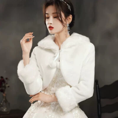 Lady Shrug Bolero Top Faux Fur Cape Pom Pom Coat Outerwear Warm Wedding Bridal - Image 1 of 4