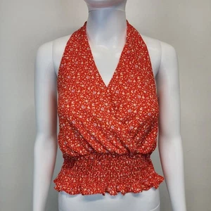 Sienna Sky Floral Halter Crop Top Size Small Smocked Orange Boho Cottage Chic - Picture 1 of 12