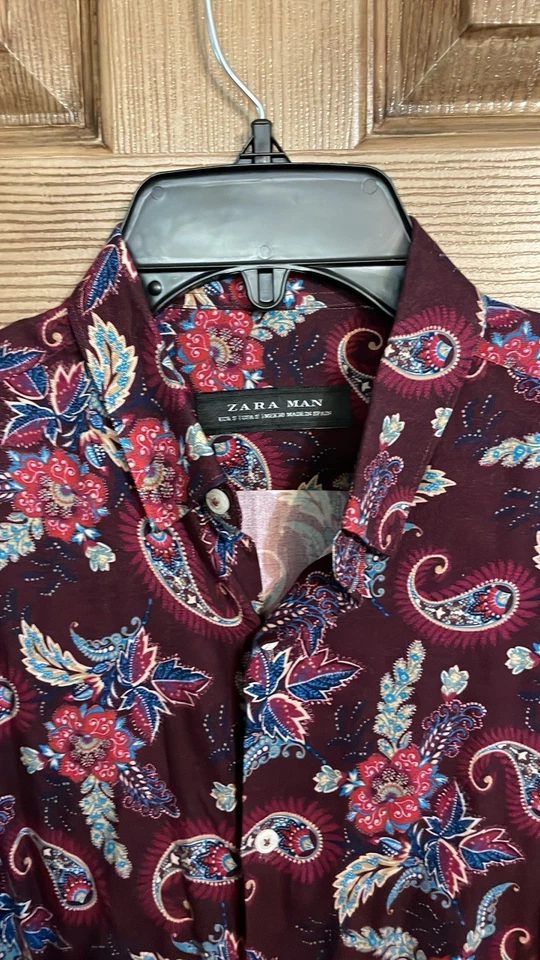 Camisa de vestir Zara para hombre pequeña púrpura cachemira con botones etiqueta de cuidado faltante Foto 1 de 4