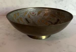 MCM Vintage Brass Pedestal Bowl Enameled Toucan Birds Decorative Bowl Cloisonne - Picture 1 of 8