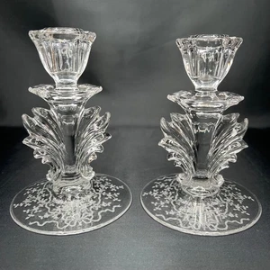 Vintage Fostoria Candle Holders Pair of Etched Crystal Depression Glass, 6" tall - Picture 1 of 9