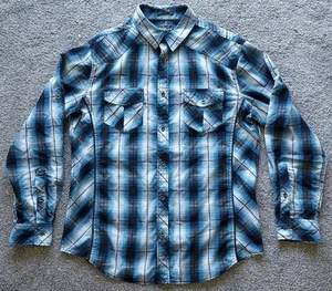 Helix Mens Long Sleeve Shirt Large Blue Plaid Button Up Roll Tab Pocket Western - Picture 1 of 17