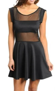 Women's Sleeveless Mesh Detail Skater Flowy Party Cocktail Dress Black - Picture 1 of 2