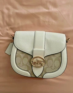 Coach Signature Georgie Saddle Bag Shoulder Bag Canvas Leather Beige C2806 - Picture 1 of 9