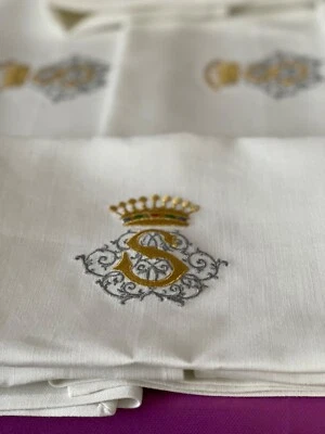 6 serviettes de table, confection fil lin ancien, mono S couronne comtale,60x70 - Photo 1/4