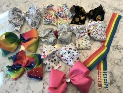 Jo Jo Siwa Large Cheer Hair Bows Lot Of 9 W/ Bow Hanger Rainbows Sequins Hearts - Image 1 of 4