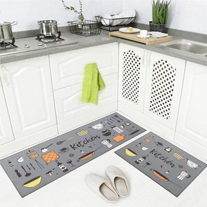 2 Piece Kitchen Rug Non-Slip Doorway Runner Mats Grey Design 17"x48" + 17"x24" - Picture 1 of 7