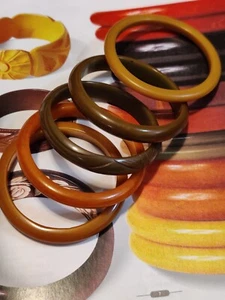 Art Deco Tested Bakelite Set Of 5 Bangle Bracelets Amber Green Earth  Tones VTG - Bild 1 von 17