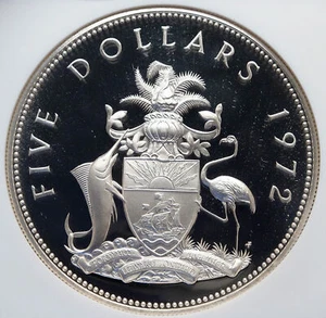 1972 BAHAMAS HUGE PIRATE DEFEAT MOTTO Vintage Proof Silver $5 Coin NGC i85230 - Picture 1 of 5