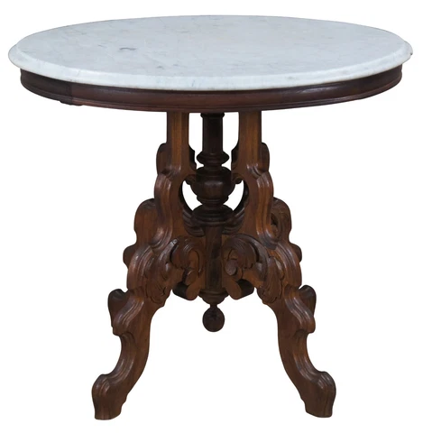 Antique Victorian Carved Walnut Oval Marble Top Parlor Center Side Table 24" Cover