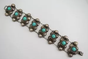 Vintage handgefertigt mexikanisches Sterling Kette Armband blau grün Cabochons 7 1/4 Zoll - Bild 1 von 7