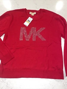 MICHAEL KORS maglione donna MK M cristallo logo rosso cremisi strass nuovo con etichette $125 - Foto 1 di 4