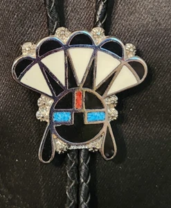 Vintage Sun face Headdress Bolo Tie Turquoise & Coral Chip Inlay Nickel Silver - Picture 1 of 3