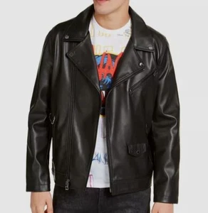 Guess Men's Black Faux Leather Logo Lined Full Zip Motorcycle Coat Jacket Size M - Picture 1 of 2