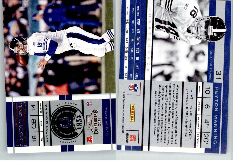 Peyton Manning 2011 Contenders Season Ticket #31 Colts HOF - Image 1 of 1