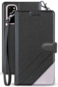 Black Wallet Case ID Card Slot Wrist Strap Lanyard for Galaxy S20 FE 5G 2020 - Picture 1 of 7