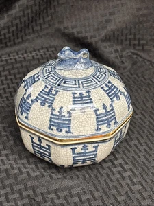 Vintage Crazed Blau Weiß Chinesisch Ingwer Glas Keramik Schüssel Deckel Schale Gemarkt - Bild 1 von 13