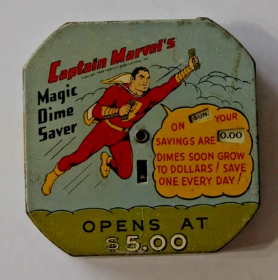 1940'S  CAPTAIN MARVEL MAGIC DIME SAVER BANK  TIN LITHO - Imagem 1 de 4