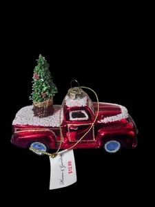 Hermoso adorno de árbol de Navidad vidrio soplado a mano camión rojo con árbol regalo - Imagen 1 de 5