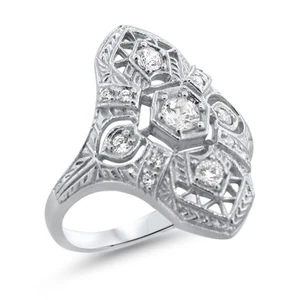 CLASSIC ART DECO STYLE 925 STERLING SILVER + RHODIUM CLASSIC STYLE CZ RING 1157X - Picture 1 of 21