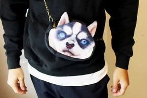 Mini Dog Face Crossbody Bag Purse 3D Print Cute Blue Eyed Husky w/ Chain Strap - Picture 1 of 4