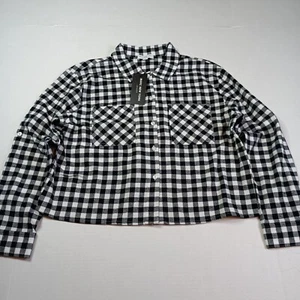 Marc New York Flannel Shirt Women's M Medium Gray Black White Checkered Roll Tab - Picture 1 of 9