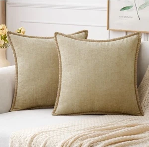 2- Copricuscino Ciniglia Bordo Tubolare Morbido Getto Beige 18x18in Neutro Moderno - Foto 1 di 6