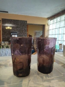 2 RARO MCM Decatur Texas TEX VIDRIO Soplado a mano HUELLA PULGAR 15 OZ Vidrio Amatista - Imagen 1 de 3