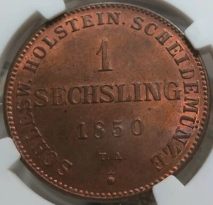 GERMANY State Schleswig Holstein 1 sechsling 1850 TA NGC MS 64 RB Red UNC Copper - Picture 1 of 3