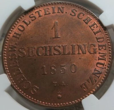 GERMANY State Schleswig Holstein 1 sechsling 1850 TA NGC MS 64 RB Red UNC Copper - Image 1 of 3