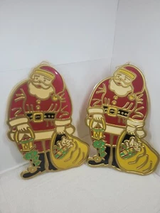 Vintage Pair Of Santa Toy Bag Suncatcher Christmas Holiday Decor 9x5 - Picture 1 of 7