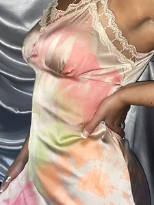 Vtg Sklky Nylon Multicolor Pink Lacy Slip Dress New Yes Hues - Picture 1 of 8
