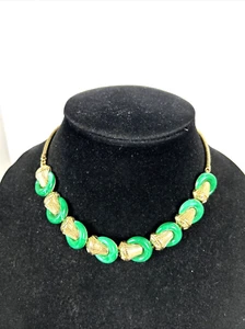 Crown Trifari Alfred Philippe VTG Green Lucite Button Gold Tone Necklace 15" - Picture 1 of 8