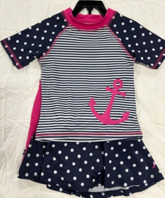 NAUTICA GIRL'S 3 件套游泳套装条纹/圆点(海军蓝/粉色 3T)全新带标签 — 第 1/3 张图片