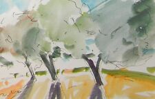 JOSE TRUJILLO Signed Watercolor on Paper Painting Impressionism Orchard Noon Sky