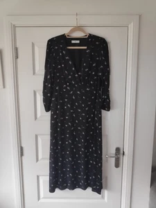 Mango MNG Crossover Tea Dress Long Sleeves Black Floral Print Large Uk12/14 - Picture 1 of 7