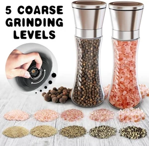 2x Pepper and Salt Grinder Set Mill Adjustable Stainless Steel Shaker Coarse - Picture 1 of 15