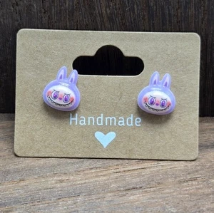 Kawaii Purple Labubu Earrings Pierced The Monsters Dainty Stud Jewelry Handmade - Picture 1 of 2