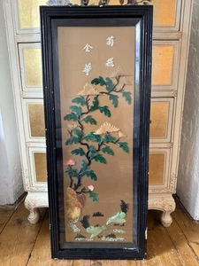 Vintage Antique Oriental Precious Stone Jade Black Lacquered Panel Floral Birds - Picture 1 of 13