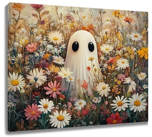 Lindo arte de pared de lienzo de Halloween vintage floral fantasma para baño sala de estar - Imagen 1 de 16