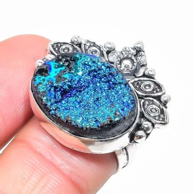 Natural Titanium Druzy Gemstone 925 Sterling Silver Ring Size 7.5 N781 - Image 1 of 4