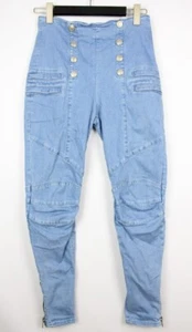 PIERRE BALMAIN Blue Stretch Denim Skinny High Waist Biker Jeans Sz 28 Ankle Zip - Picture 1 of 16