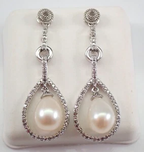 Pearl and Diamond Dangle Drop Earrings 14K White Gold June Birthstone Wedding - Picture 1 of 5