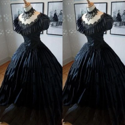 Vintage Prom Dress Gothic Victorian 1950s Black Satin Birthday Party Prom Gowns - Image 1 of 4