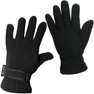 Mens Black Thermal Insulation Fleece Gloves Adjustable Wrist Strap
