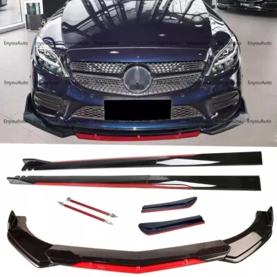 Front Bumper Lip Spoiler 86" Side Skirt Black Red For Mercedes-Benz C200 C300 Foto 1 de 4