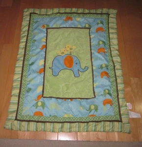 Step By Step Green Blue Brown Elephant Baby Quilt Blanket - Picture 1 of 3